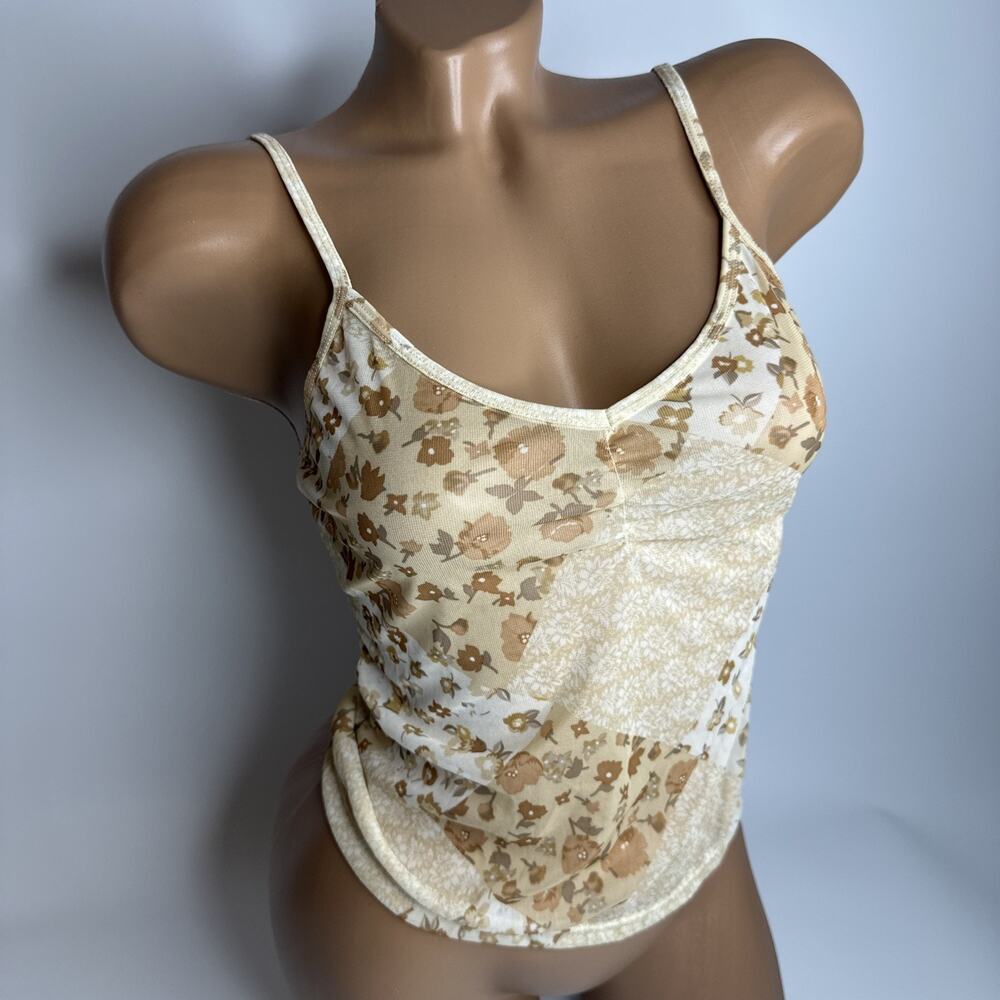 Gloria Vanderbilt Sheer Floral Mesh Cami Top Beige Patchwork Ruched Fairy Sz XS